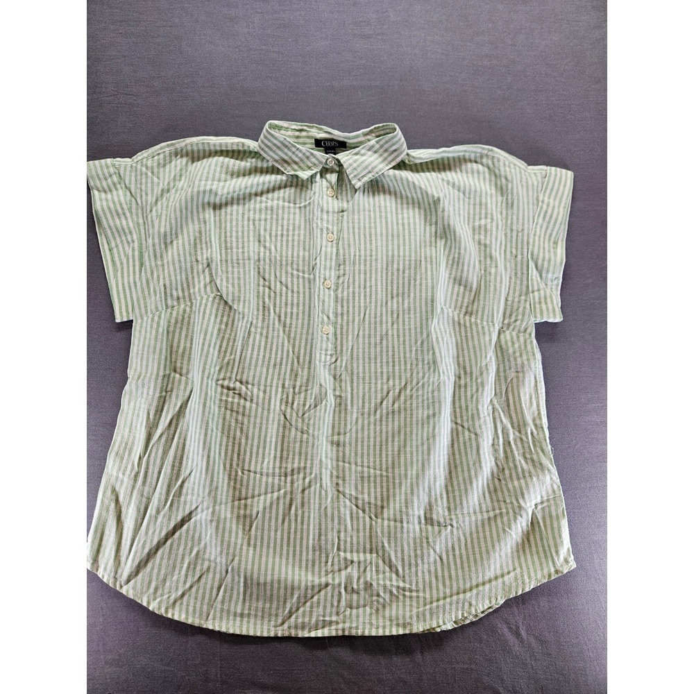 Chaps Womens 1X Green White Striped Short Sleeve Button Front Blouse NWT